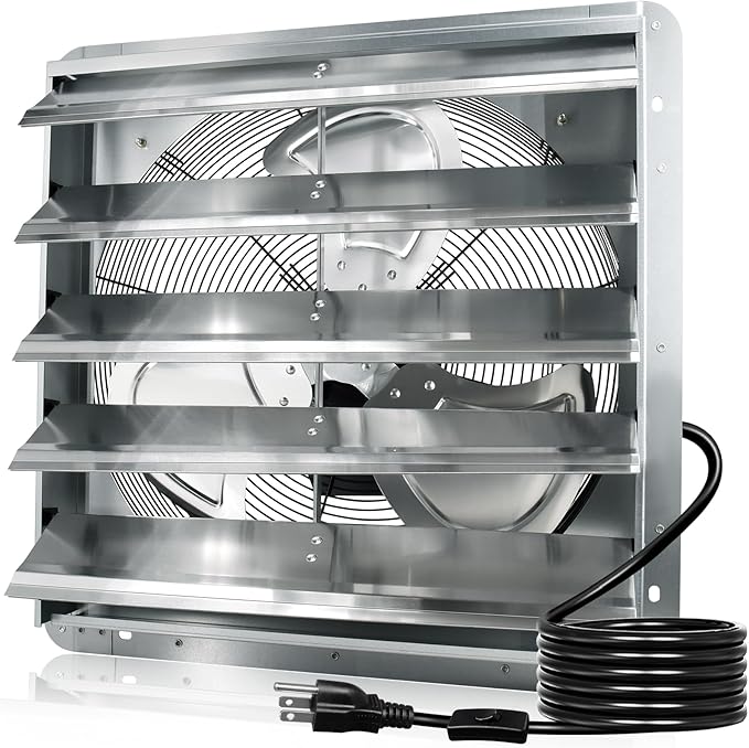 Hiorucet 24 Inch Shutter Exhaust Fan Wall Mounted, 4244 CFM High Speed Low Noise Aluminum Louvered Exhaust Fan with 1.8m Power Cord for Greenhouse, Garage, Shop, Attics, Chicken Coop Ventilation Fan.
