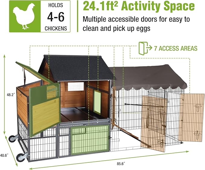 GUTINNEEN Mobile Chicken Coop Upgraded with All Arounded Metal Frame Expandable Hen House with Super Large Wheels for 4–6 Chickens, 3 Nesting Boxes, Metal Run, 85" L