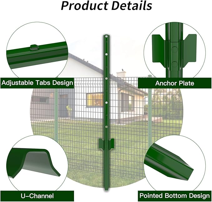 Fence Posts 5 Feet, Pack of 5, 3-4-5-6-7Ft Heavy Duty Garden Metal Steel Fence Post with U-Channel, No Dig Steel U Post Fencing for Lawn, Garden