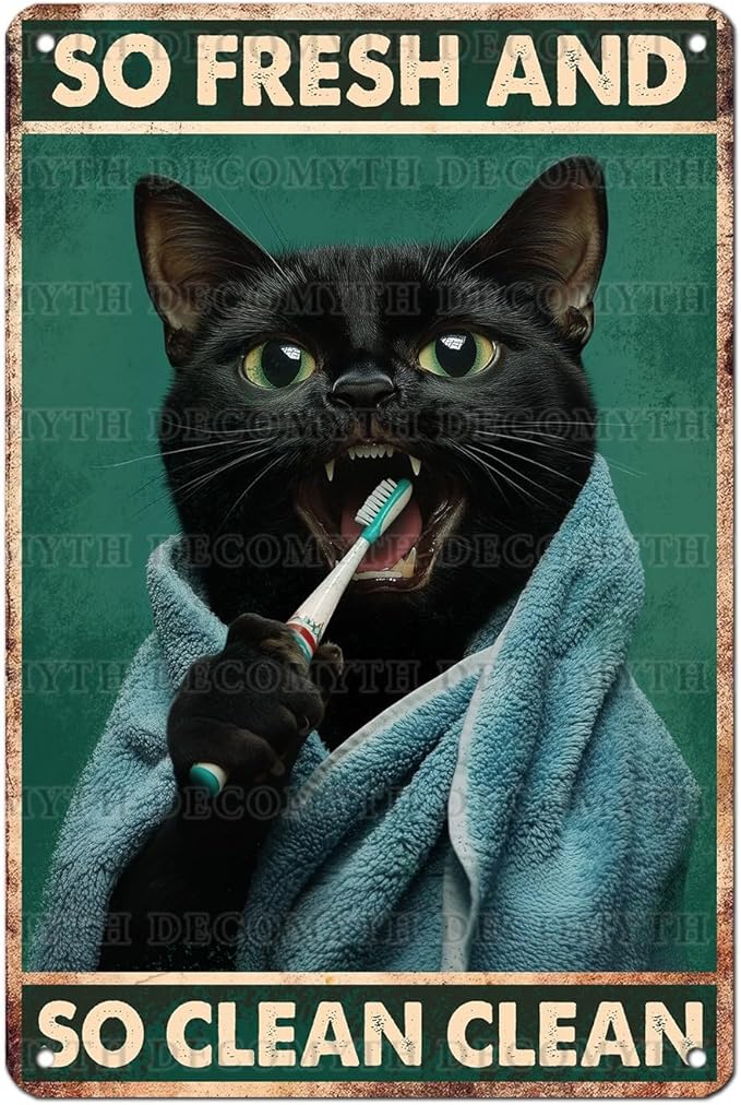 Vintage Black Cat Tin Sign So Fresh And So Clean Clean Retro Wall Decor Decorations for Home Funny Cats Lovers Poster Indoor Store Cafe Toilet Bathroom Restroom Bar Pubs Farmhouse 12 * 8inch