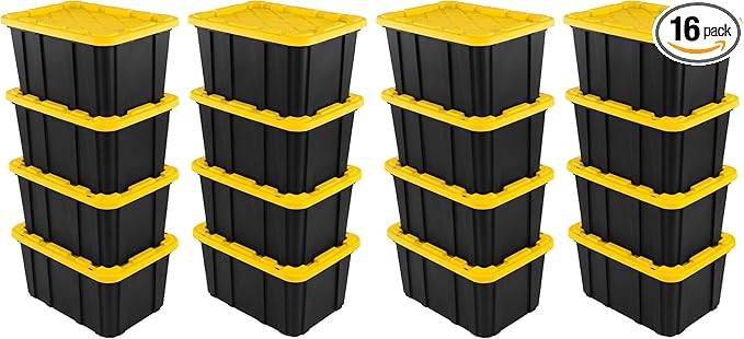 Sterilite 16 Pack Industrial Tote, Plastic Storage Container Bins with Lids, 27 Gallon - Heavy-Duty Organizing Containers for Closet, Bathroom, and Office