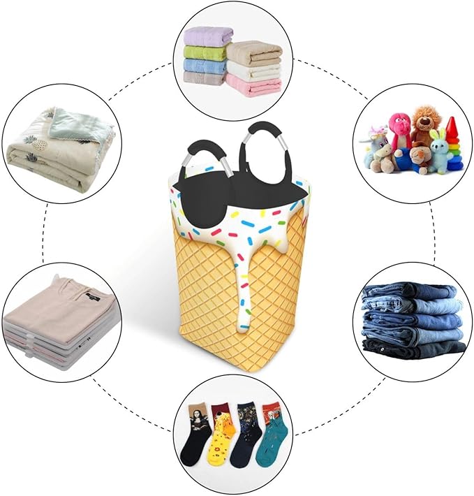 Ice Cream Cone Laundry Basket Yellow Foldable Laundry Hamper Cute Collapsible Laundry Baskets with Handles Clothes Hamper Laundry Tote Bag for Dorm Family Storage Bin 50L