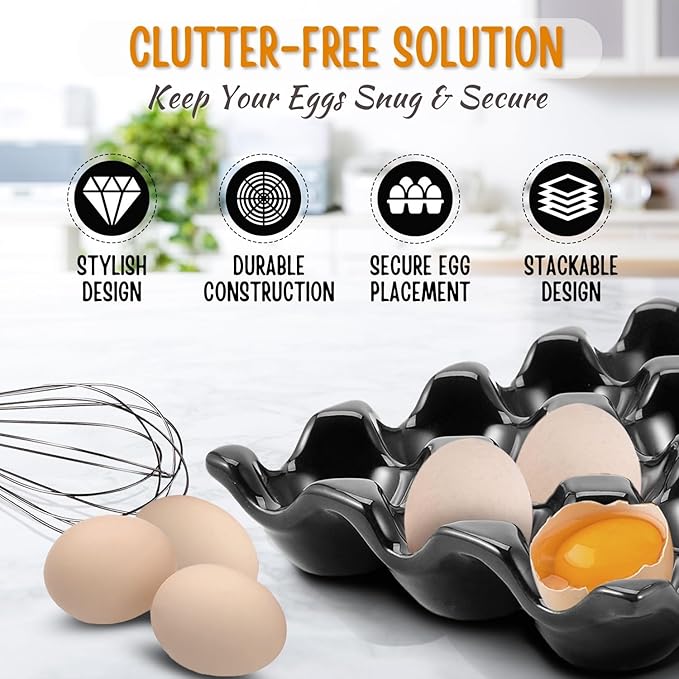 Flexzion 12 Cups Ceramic Egg Holder for Fridge - Dozen Ceramic Egg Tray Porcelain Container Storage Organizer Decorative Serving Stand Serveware for Refrigerator Countertop Display (Black, 2 Pack)