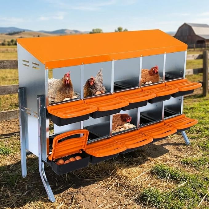Chicken Nesting Box 10-Hole Roll Away Egg Laying Box with Lid & Stand, Galvanized Steel Rustproof Poultry Coop Box, Easy Clean, Wall Mountable No Bracket Needed for Hens, Orange
