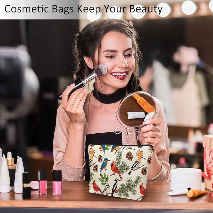 Makeup Bag For Purse Cardinal Bird, Tropical Christmas Cardinal Robin Bullfinch Cosmetic Bags For Women Zipper Travel Toiletry Pouch Makeup Bags Makeup Organizers For Toiletries Cosmetics