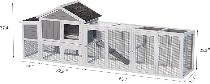 Large Wooden Chicken Coop with Enclosed Run & Nesting Box Outdoor Hen House with Asphalt Roof Removable Tray Ramp Perch Secure Locks for 2–4 Chickens (Gray)