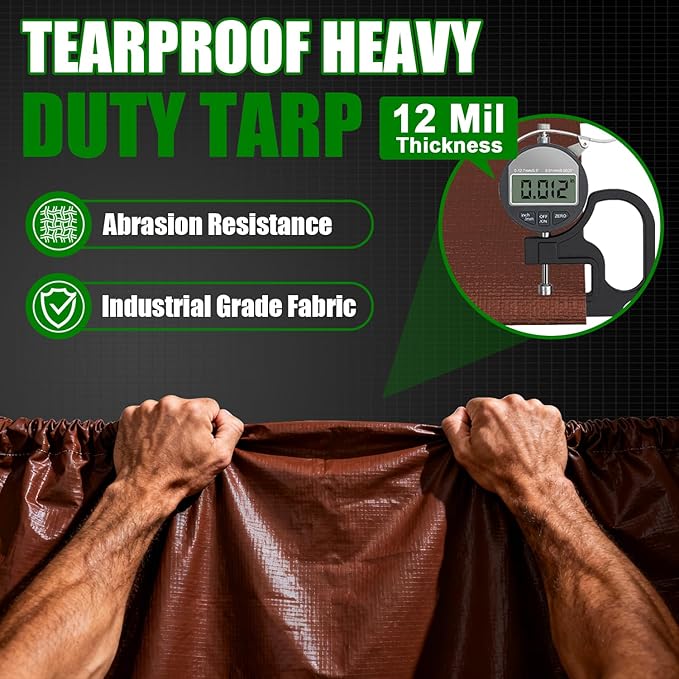 Sunvigor Tarp Waterproof 8x16Ft, Extra Thick 12 Mil Heavy Duty Tarp Cover, Tear & Fade Resistant, Outdoor Tarps with Brass Grommets and Reinforced Edges for Roof, Camping, Patio, Boat (Brown)