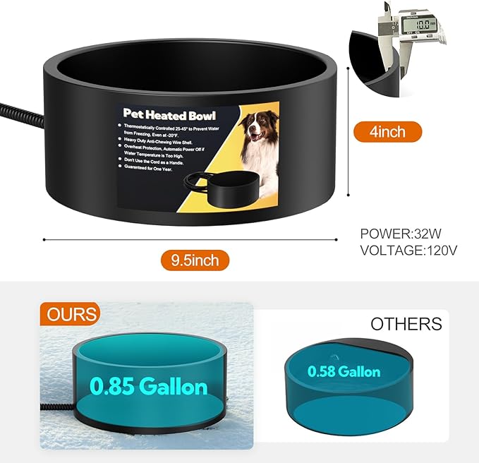 Heated Water Bowl for Dogs & Cats, Waterproof Heated Dog Bowl with Chew Resistant Cord, Large Heated Pet Bowl, Provide Warmable Water for Dogs, Cats, Chicken, Birds in Winter 3.2L（Black）
