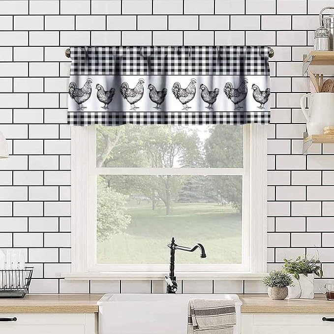 Rooster Valance Curtains Black White Buffalo Plaid Retro Rustic Farm Animals Rod Pocket Curtain Valance for Kitchen Bedroom Living Room Decor 1 Panel W54xL18 Inch
