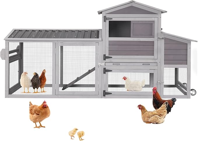 Aivituvin Large Chicken Coop Wooden with Wheels, Mobile Chicken Coop with Nesting Box & Waterproof Asphalt Roof, Expandable Chicken Cage with Run for 2–3 Chickens, Duck House