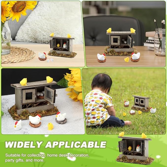 Miniature Chicken Coop Set - 13-Piece Farm Decor Kit with Hens, Chicks, Eggs & Nests for Fairy Gardens, DIY Mini Landscapes & Party Decor