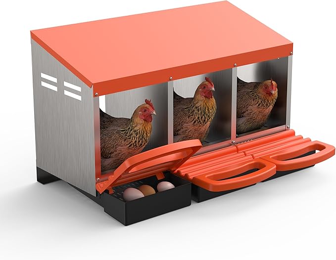 3 Room Chicken Nesting Boxes, 3 Compartment Metal Rollaway Nesting Box for Laying Hens with Cleanable Pull-Out Trays Wall Mount or Placed Design for Chicken Egg Layers