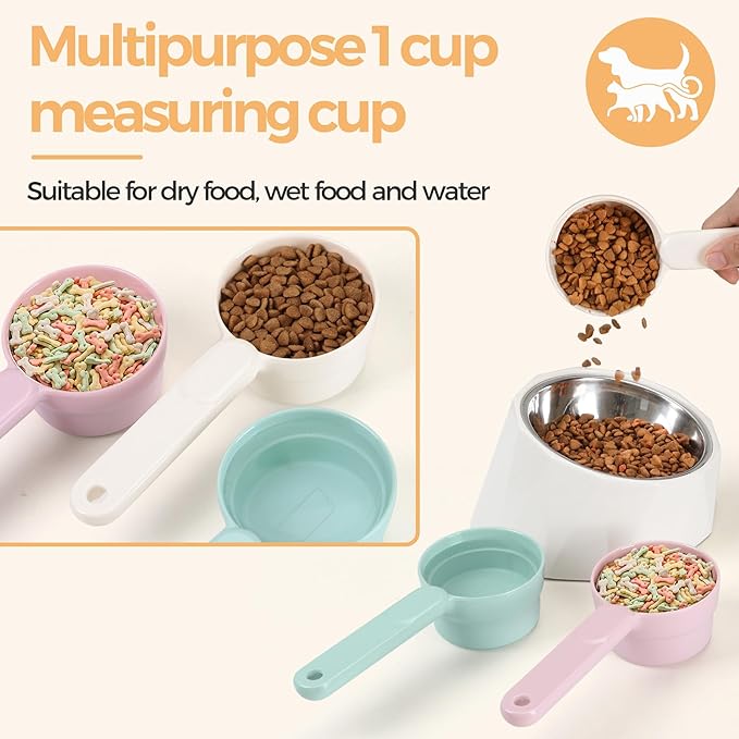 Melamine Pet Food Scoop, Cat Food Measuring Cups, Comfortable Long Handle Scoop for Dog, Cat, Ferret and Rabbit Food, 1 Cup Size Pet Food Feeding Scoop Dishwasher Safe (White