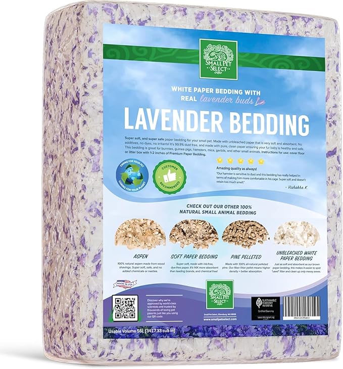 Small Pet Select Lavender Bedding, Paper Bedding with Real Lavender, Soft Animal Bedding with Odor Control for Guinea Pig, Rabbit, Hamster, or Bunny, Cage Accessories, Made in USA, 56L