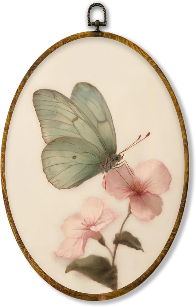 Hiuwevt Green Butterfly Oval Wall Art Decor, Vintage Pink Floral Butterfly Moth Framed Canvas Prints, Retro Cottagrcore Floral Round Wall Hanging Decor for Bedroom Home Decorations, 8.6x11.4 Inches