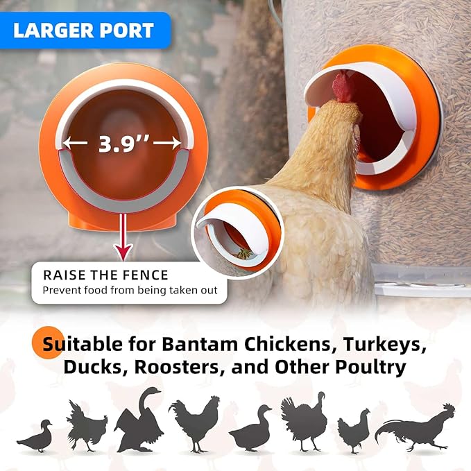 Large Chicken Feeder Port, No Waste Poultry Feeder Kit for Duck (4 Pack with Caps & Hole Saw)