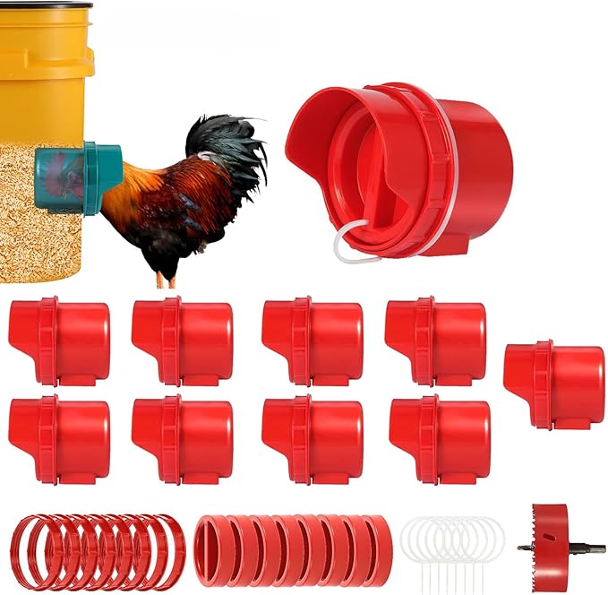 Chicken Feeder No Waste, 10 Ports Automatic Poultry Feeder with Covers & Hole Saw, Rain Proof Chicken Feeder Port for Buckets, Bins & Barrels