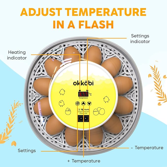 Okkobi M12 Egg Incubator with Automatic Turner and Humidity Control - 12/24 Eggs, 360° View, Easy to Use and Clean - Incubadora de Huevos de Gallina - Incubators for Hatching - White & Yellow