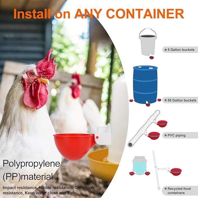 Automatic Chicken Waterer Cups, 6 Packs Large Chicken Water Feeder, Chicken Water Cups, Poultry Waterer Great for Duck, Chicken, Goose, Turkey, Bunny and Bird with Installing Drill