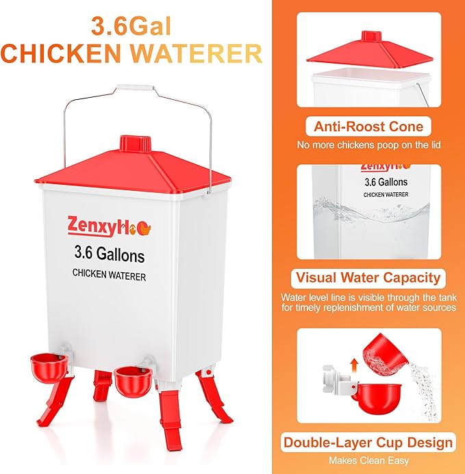 3.6 Gallons Chicken Waterer Bucket with 3 Adjustable Heights, 4 Waterer Cups and Anti Roost Cone