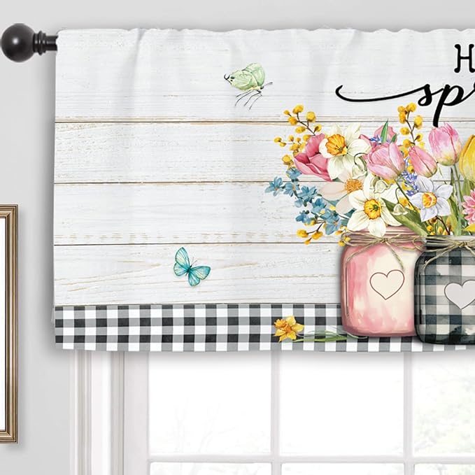 Miyotaa Hello Kitchen Curtain Valance 54W x 18H Rod Pocket Flower Rustic Farmhouse Plant Botanical Plaid Baffulo Window Treatment for Living Room Bedroom Bathroom Laundry