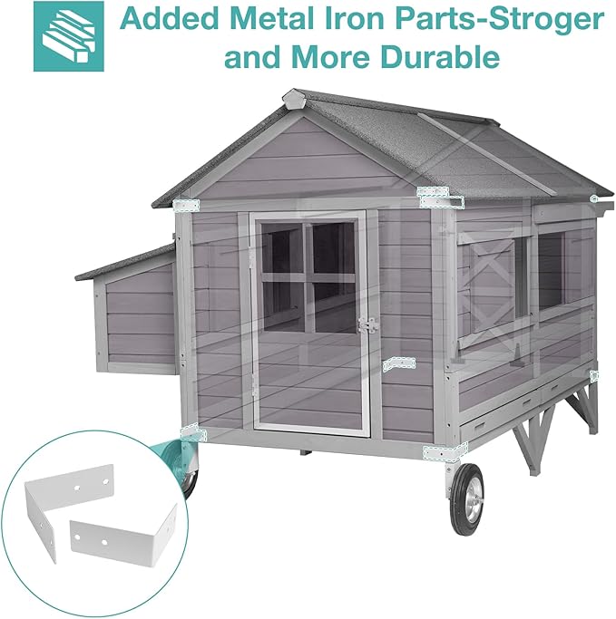 Outdoor Chicken Coops with Large Wheels,Upgrade Large Poultry Cage with Strong Iron Frame,Wooden Hen House for 4-6 Chickens