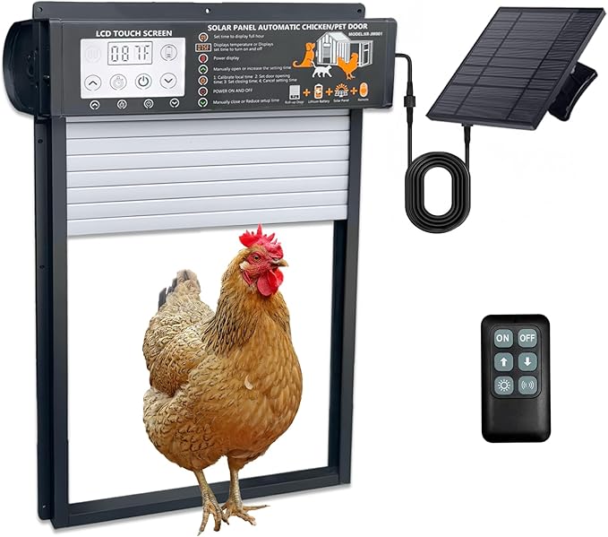 Automatic Chicken Coop Door Solar Powered with Timer & Light Sensor, Motion Sensor, LCD Display & Remote Control, Weatherproof Chicken Door for Chicken, Ducks, Rabbits