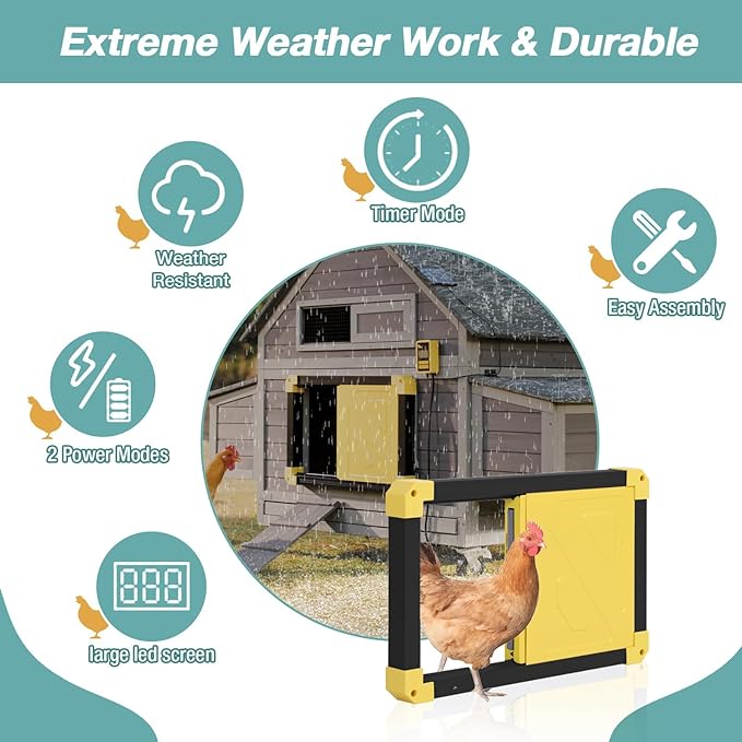 Automatic Chicken Coop Door, Solar Powered Automatic Chicken Door with Timer Mode, Battery Powered LCD Screen, Anti-Pinch Design, Waterproof, Easy Installation (Black)