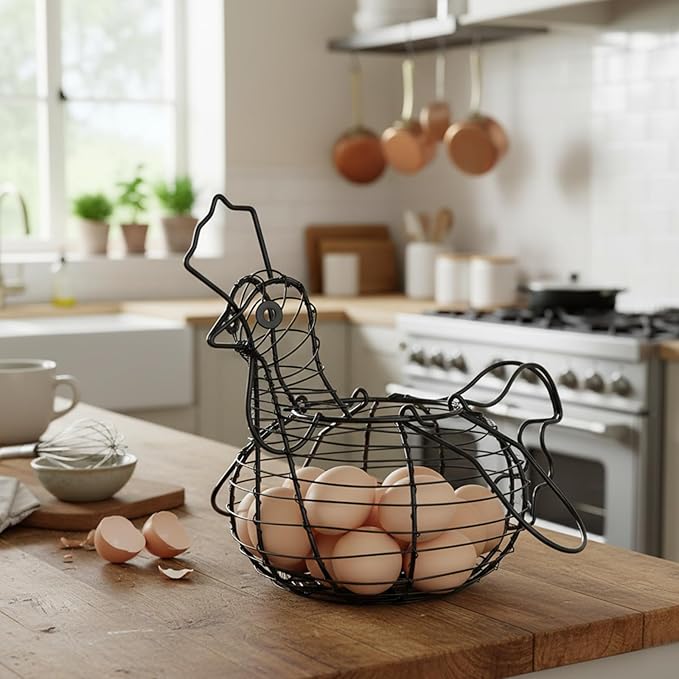 MyGift Black Metal Wire Chicken Egg Basket, Decorative Chicken Shape Design, Farm Fresh Egg Collecting & Storage Organizer for Farmhouse Kitchen Decor