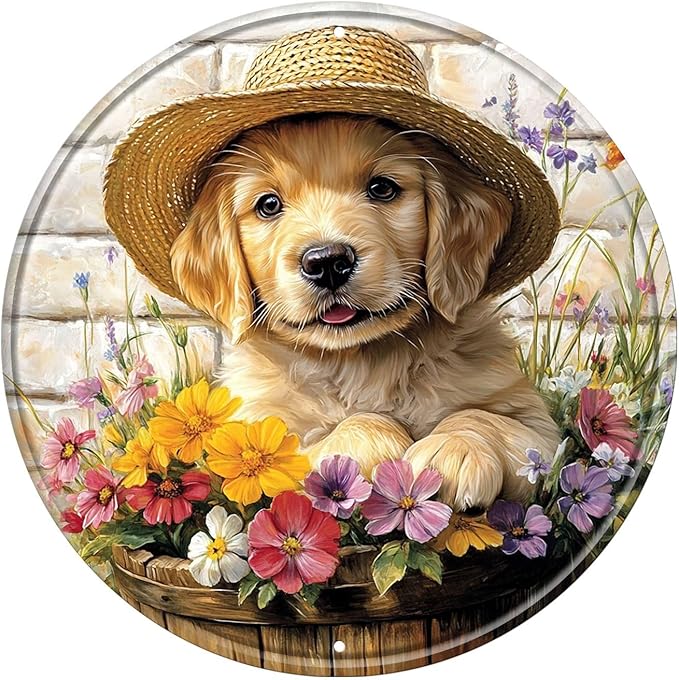 Labrador Round Metal Tin Sign Wreath Vintage Dog Wall Art Decor for Home Garden Yard Decor 12x12inch