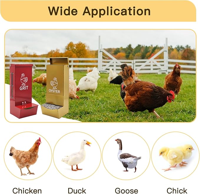 Chicken Oyster Shell Feeder and Grit Feeder, Heavy Duty Metal Automatic Chicken Feeders with Lid, Gravity-Fed Chicks Food Dispenser Hanging Poultry Feeders 2 Pack