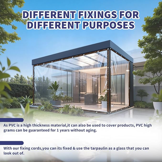 Clear Waterproof Tarp with Grommets, Heavy Duty Vinyl Tarpaulin, Tear Resistant Transparent Cover for Patio, Greenhouse, Garden, Chicken Coop (Includes Ropes & Zip Ties) (8x20FT)