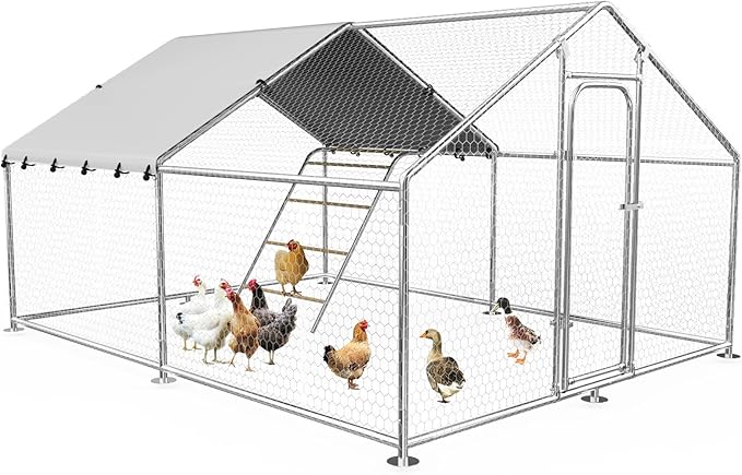 Large Metal Chicken Coop with Waterproof and UV-Resistant Cover,Chicken Run Outdoor Walk-in Cage Rabbit Duck Hen House for Yard Farm,Spire Roof (10' L x 13.2' W x 6.4' H)