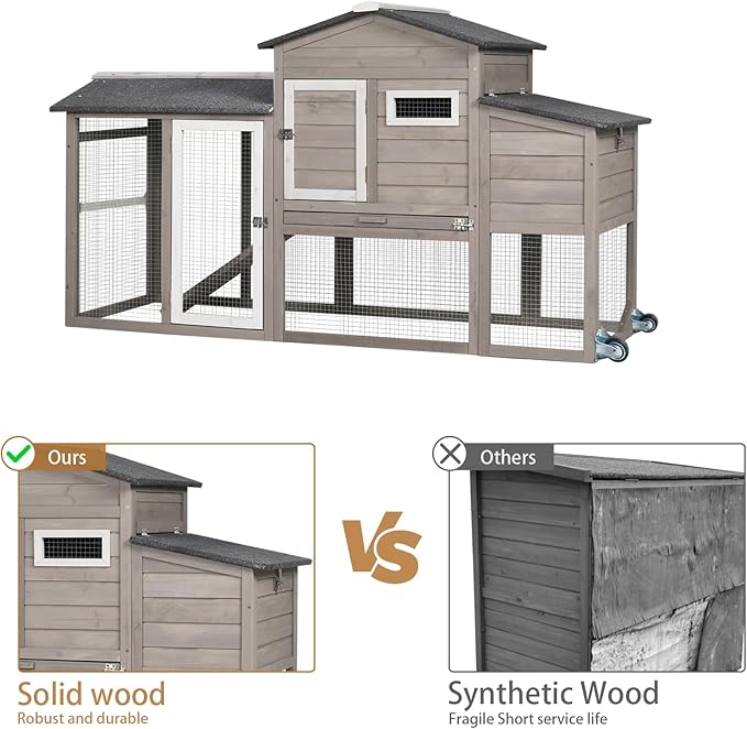 71" Chicken Coop Large Wooden Chicken Tractor - with Wheels Waterproof Outdoor Hen House Poultry Cage Back Yard Chicken Coops with Run, Laying Boxes and Secure Enclosure