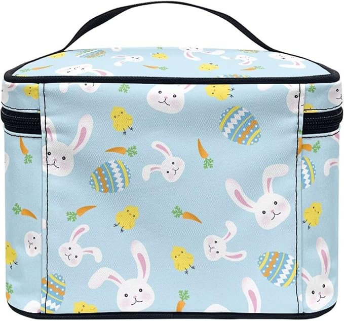 Rabbit Chicken Easter Eggs Carrot Print Travel Makeup Bags for Women Portable Tote Cosmetic Case with Carry Handle Toiletry Accessories Storage Organizer Bags Blue