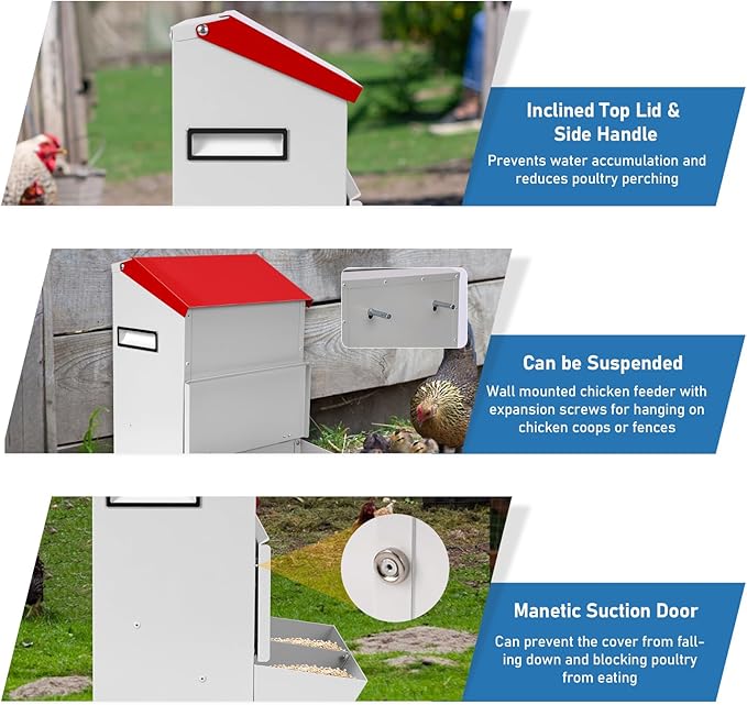 Automatic Chicken Feeder 25lb,Outdoor Galvanized Metal Poultry Feeder No Waste Rat Proof Feeder Trough with Lid Hanging Chicken Feeder Dispenser for Quails,Bantams, Ducks and Turkey