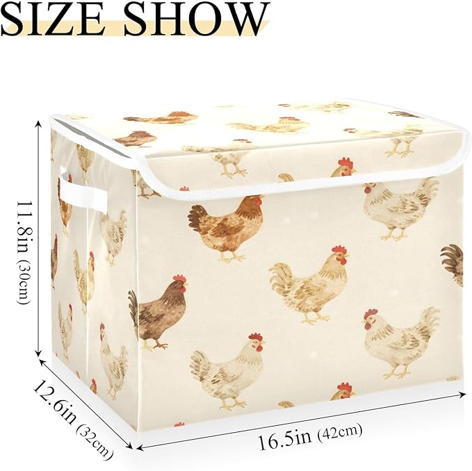 Farmhouse Chickens Fabric Storage Bin with Lid, Collapsible Basket with Handles, Shelf Cube Closet Organizer for Home and Bedroom