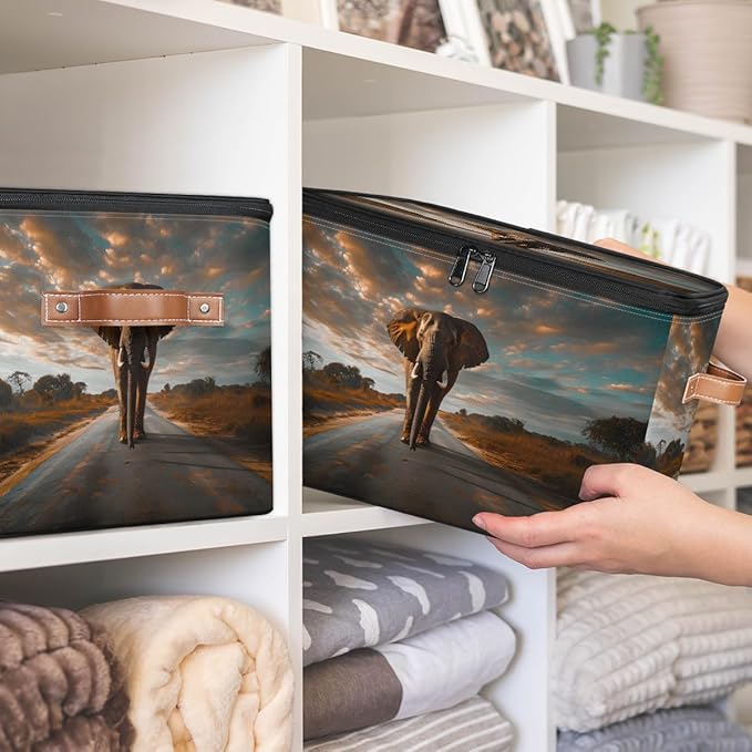 Elephants Storage Bins With Lids Fabric Collapsible Storage Box with Leather Handles for Home Bedroom Foldable Closet Shelf Organizer