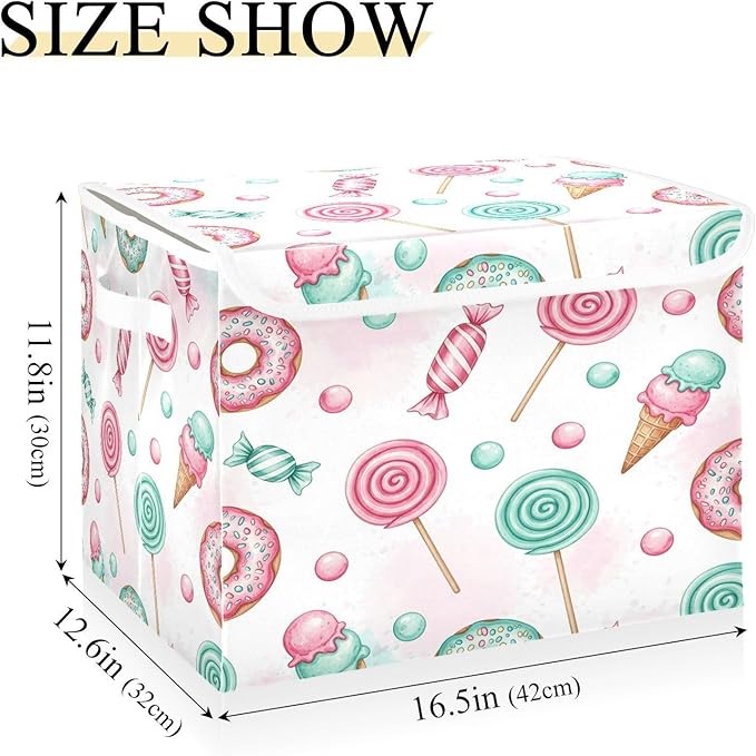 Candy Donuts Lollipops Storage Bins with LidsIce Cream Sweets Foldable Storage Basket with Handles Collapsible Large Fabric Organizer Containers for Clothes Shelves Closet Office Home
