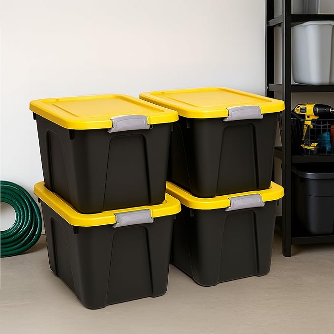 Homz 22-Gallon Durabilt Plastic Stackable Home Office Garage Storage Organization Container Bin w/Latching Lid and Handles, Black/Yellow (4 Pack)