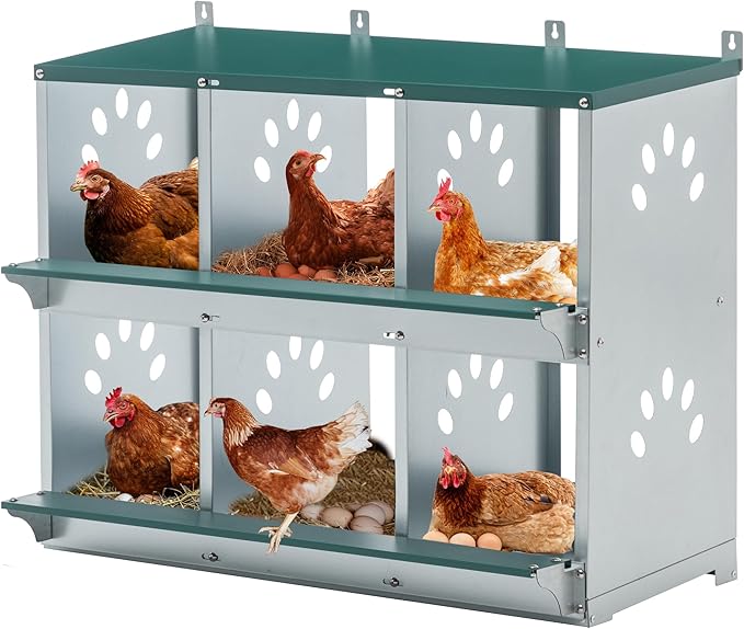 Chicken Nesting Box for Laying Eggs, Metal Poultry Nest Wall Mount, Large Vented Holes Chicken Coop, for Chickens, Hens (Green, 32, 6)
