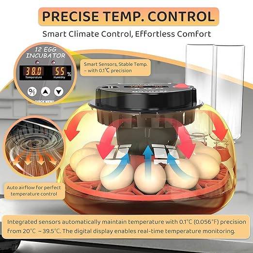 12 Egg Incubator for Hatching Eggs with Fully Automatic Egg Turning, Humidity Control by Bottles, Incubators for Chicken, Ducks, Quail, and Other Poultry Eggs, 360° View with Clear Window