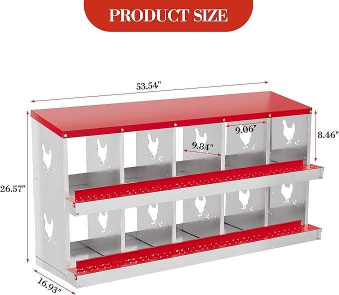 10 Holes Chicken Nesting Boxes, Nesting Boxes for Chickens, Easy to Clean and Install, Chicken Laying Box for Outdoor Chicken Coop Farm Yard, Red