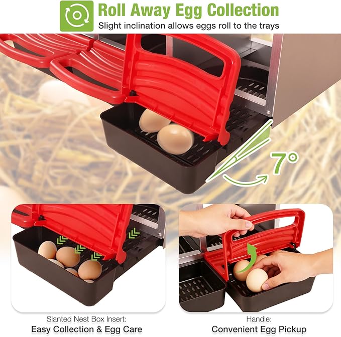 GUTINNEEN Chicken Nesting Box, 3 Compartment Metal Nesting Boxes with Roll-Away Egg System for Hens, Ducks & Rabbits, Technical Design for Efficient Egg Collection, Red