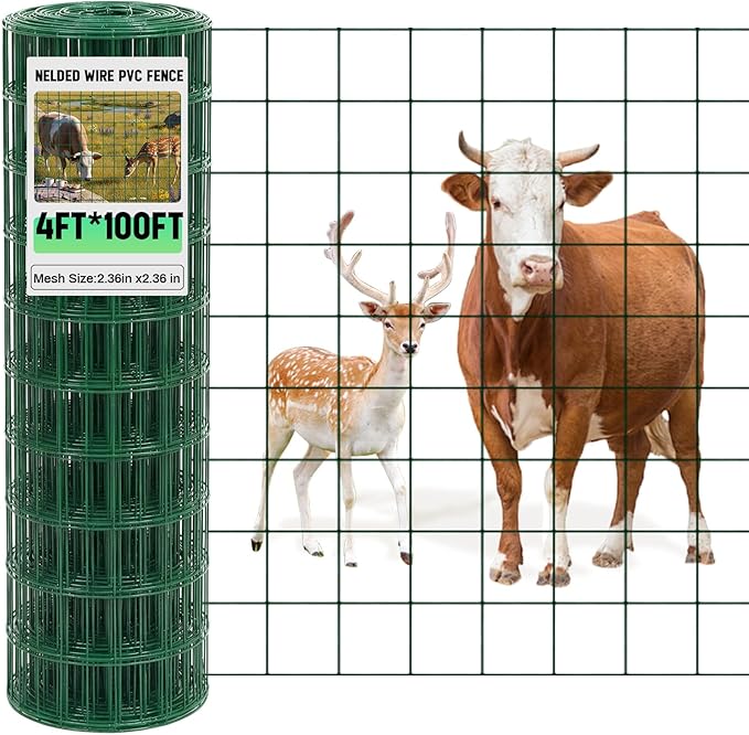 Gisafai Galvanized Welded Wire Fence 4 ft X 100 ft for Dog Chicken Hog Deer Goat Cattle 16GA Garden Border PVC Coated Fencing Roll Border Yard Vegetable Plant Animals Protection Poultry Netting(Green)