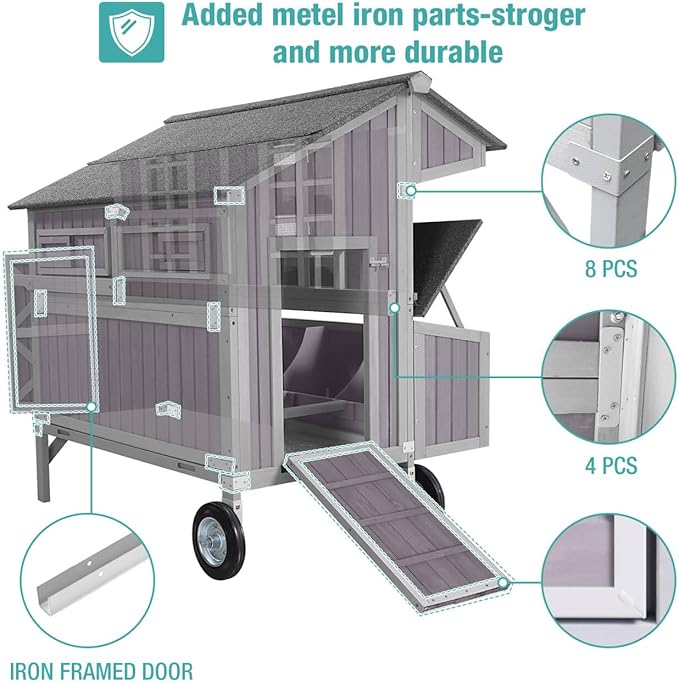 Outdoor Chicken Coops with Large Wheels,Wooden Hen House with 3 Nesting Boxes Leak Proof Pull-on Tray and UV-Resistant Roof Panel