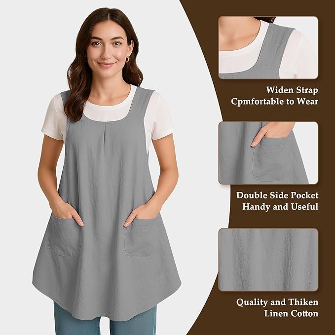 Apron for Women with Pocket Cotton Linen, Japanese Cross Back Apron for Gardening Painting