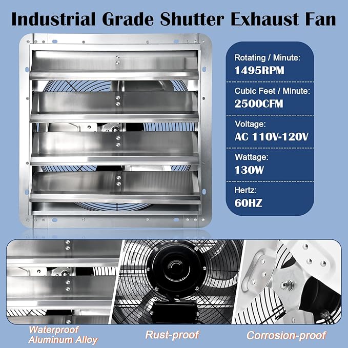 Hiorucet 18 Inch Shutter Exhaust Fan with 1.8m Power Cord, 2500CFM High Speed Low Noise Aluminum Louvered Exhaust Fan Wall Mounted for Greenhouse, Garage, Shop, Attics, Chicken Coop Ventilation Fan.