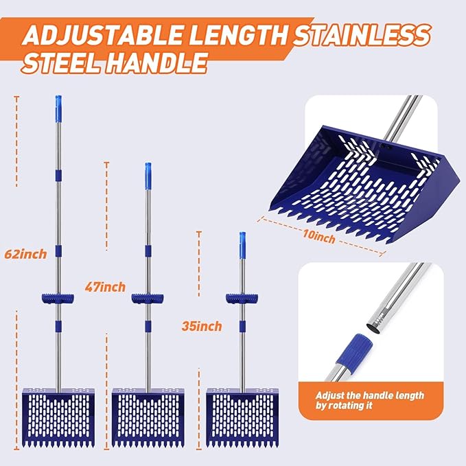 3-in-1 Chicken Poop Scooper & Sifting Shovel, 304 Stainless Steel Handle & Rake, Suitable for Sand, Chicken Coop & Livestock Farm Feces Cleaning, Litter Sifting Shovel Feces Sifter, Adjustable (35-62)