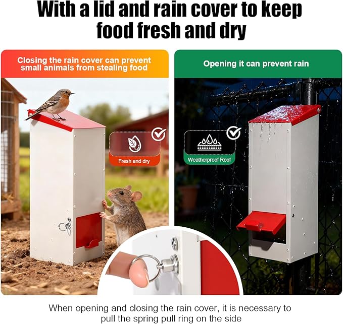 Metal Chicken Feeder No Waste Oyster Shell Feeder 8lbs Hanging Poultry Feeder Automatic Gravity Chicken Food Dispenser with a Lockable Rain Cover